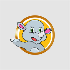Rhinoceros Head Circle Label With Funny Smile Expression , Yellow Colors Background, Mascot, Icon, Character or Logo, Vector and Illustration.