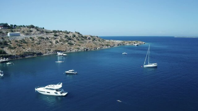 Amazing panoramic aerial 4k view from drone of beautiful bay of G�ndo_an and Yal�kavak in Bodrum on a bright and sunny day in Mugla province in Turkey