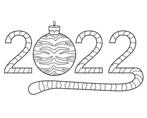 Obraz premium 2022 with striped tail and christmas tree ball, year of the tiger - vector linear lettering. Year of the Tiger and a Christmas tree toy with the color of the Tiger. New Year Linear Lettering 2022 