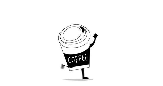 A 4K illustration of hot coffee in a takeout container running, animated on a white background