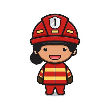 Cute girl firefighter cartoon icon vector illustration