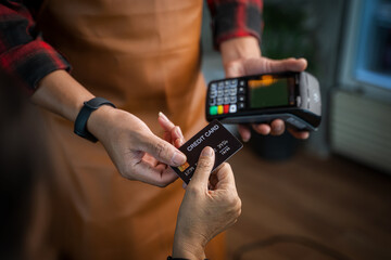 Customer paying through payment terminal in hands of waitress,Credit card payment,Buy and sell products & service.