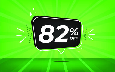82% off. Green banner with eighty-two percent discount on a black balloon for mega big sales.