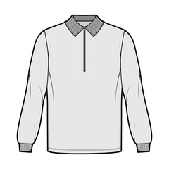 Shirt zip-up polo technical fashion illustration with long sleeves, tunic length, henley neck, oversized, flat knit collar. Apparel top outwear template front, grey color. Women men CAD mockup