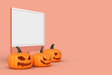 Halloween mock-up monitor 24 inch with pumpkins. Halloween concept mockup. 3D rendering
