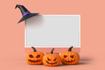 Halloween mock-up monitor 24 inch with pumpkins. Halloween concept mockup. 3D rendering