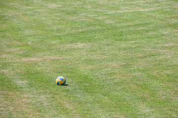 Football soccer ball, from Europe, on a playing field, on green grass, ready to be shoot and...