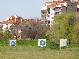 Archery target, also called bullseye target, in an archers field, used for practicing archery,...
