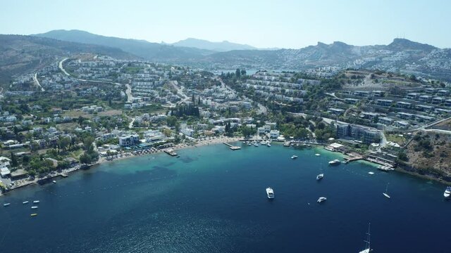 Amazing panoramic aerial 4k view from drone of beautiful bay of G�ndo_an and Yal�kavak in Bodrum on a bright and sunny day in Mugla province in Turkey