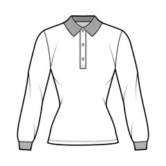 Shirt polo fitted technical fashion illustration with long sleeves, tunic length, henley button neck, flat knit collar. Apparel top outwear template front, white color style. Women unisex CAD mockup