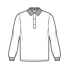 Shirt polo oversized technical fashion illustration with long sleeves, tunic length, henley button neck, flat knit collar. Apparel top outwear template front, white color style. Women men CAD mockup