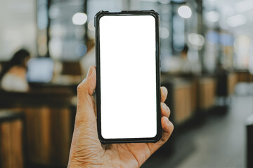 Man hand holding smart phone with blank screen display, Close up.
