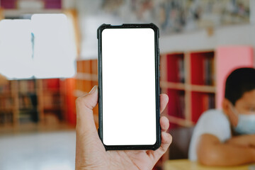 Man hand holding smart phone with blank screen display, Close up.