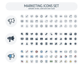 Vector editable stroke, solid, color style icons set. Digital network, analytics, social media market outline symbols. Megaphone, content, SEO, data statistics, views, subscribe thin line pictogram