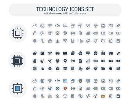 Vector Editable Stroke, Solid, Color Style Icons Set. Digital Technology, Cloud Computing, Gps Navigation Outline Symbol Illustration. Processor, Print, VR Glasses, Hi Tech, Laptop Thin Line Pictogram