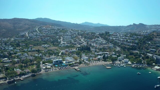 Amazing panoramic aerial 4k view from drone of beautiful bay of G�ndo_an and Yal�kavak in Bodrum on a bright and sunny day in Mugla province in Turkey
