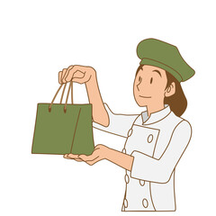 テイクアウト のケーキを渡す女性パティシエール