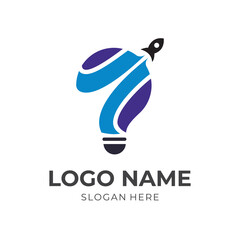 bulb and rocket logo vector with flat blue and black color style
