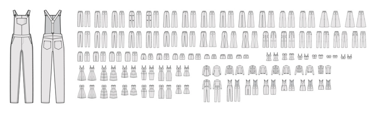 Set of Denim clothes - overall dresses, pants, jeans, coats, shorts, tops technical fashion illustration with full knee mini length. Flat front, back grey color style. Women, men unisex CAD mockup
