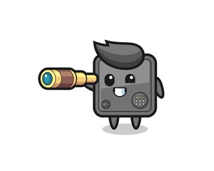 cute safe box character is holding an old telescope