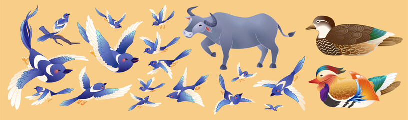 Blue magpie and animals for Qixi