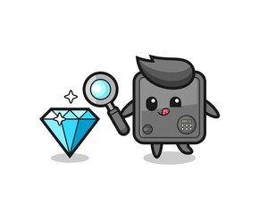 safe box mascot is checking the authenticity of a diamond
