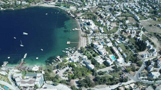 Amazing panoramic aerial 4k view from drone of beautiful bay of G�ndo_an and Yal�kavak in Bodrum on a bright and sunny day in Mugla province in Turkey