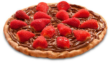 Pizza, com cobertura de chocolate e morangos no fundo branco para recorte.
