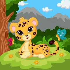 Obraz na płótnie Canvas Cartoon cute baby leopard sitting in grass