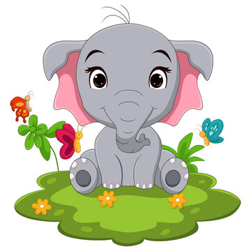 Cartoon cute baby elephant sitting in grass