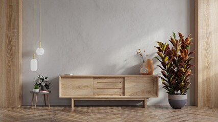 Simple minimal cabinet for tv interior wall mockup.