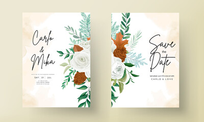 wonderful wedding invitation card set with greenery leaves, white rose and pine flower