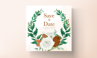 wonderful wedding invitation card set with greenery leaves, white rose and pine flower