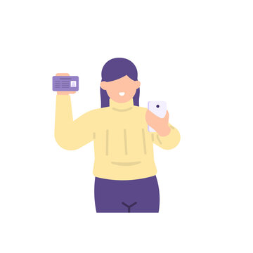 illustration of a woman taking a picture or selfie. take a photo of his own face and show an identity card. smile and style or pose. flat style. vector design