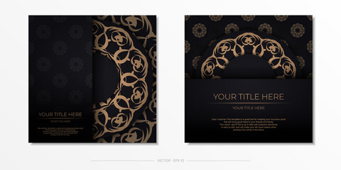 Square Template for print design postcard in black color with luxury ornaments. Preparing an invitation card with vintage patterns.
