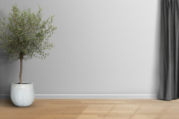Fototapeta na wymiar Empty minimal room with gray wall and curtain