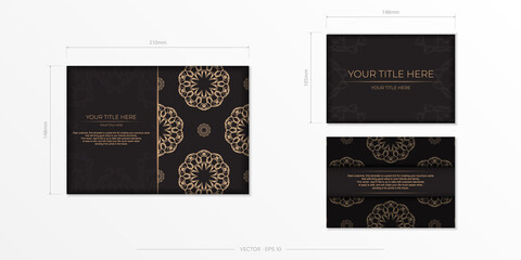 Rectangular Template for print design postcards in black color with luxury patterns. Vector preparation of invitation card with vintage ornament.