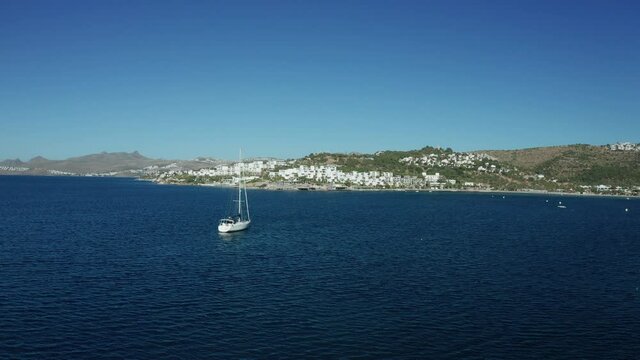 Amazing panoramic aerial 4k view from drone of beautiful bay of Bitez and Bodrum city in Bodrum on a bright and sunny day in Mugla province in Turkey