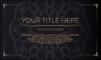 Invitation card design with vintage patterns. Black banner with luxurious ornaments and place for your text.
