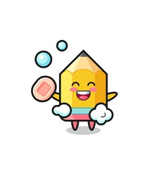 pencil character is bathing while holding soap