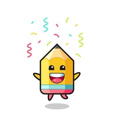 happy pencil mascot jumping for congratulation with colour confetti