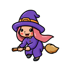 Cute little witch girl cartoon on broomstick