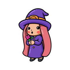 Cute little witch girl cartoon holding a flower