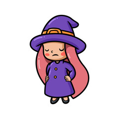 Cute tired little witch girl cartoon