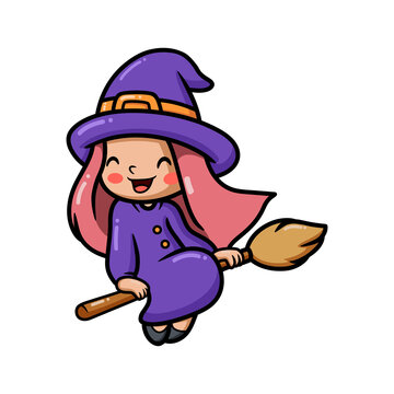 Cute little witch girl cartoon sitting on broomstick