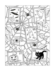 Coloring page with Halloween postage stamps, spiderweb and spiders, candy, falling autumn leaves, pumpkin, black cat, bats, ghosts
