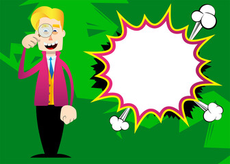 Funny cartoon man dressed for winter holding a magnifying glass. Vector illustration.