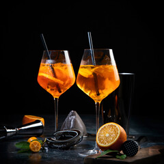 Aperol spritz cocktail served on dark background.