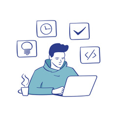 Flat Illustration vector graphic of Working at home style. Online career. Young man Coworking space freelancers working on laptop or computer at home. Study at home in quarantine