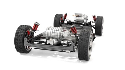 Electric vehicle chassis equipped with battery pack on white background. 3D rendering animation.